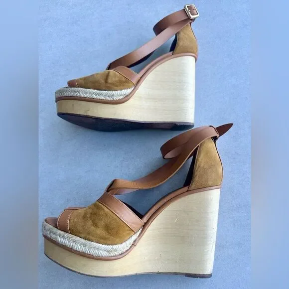 Hermes Tan Suede and Leather Wooden Wedge Ibiza Sandals size 38 - Picture 3 of 15